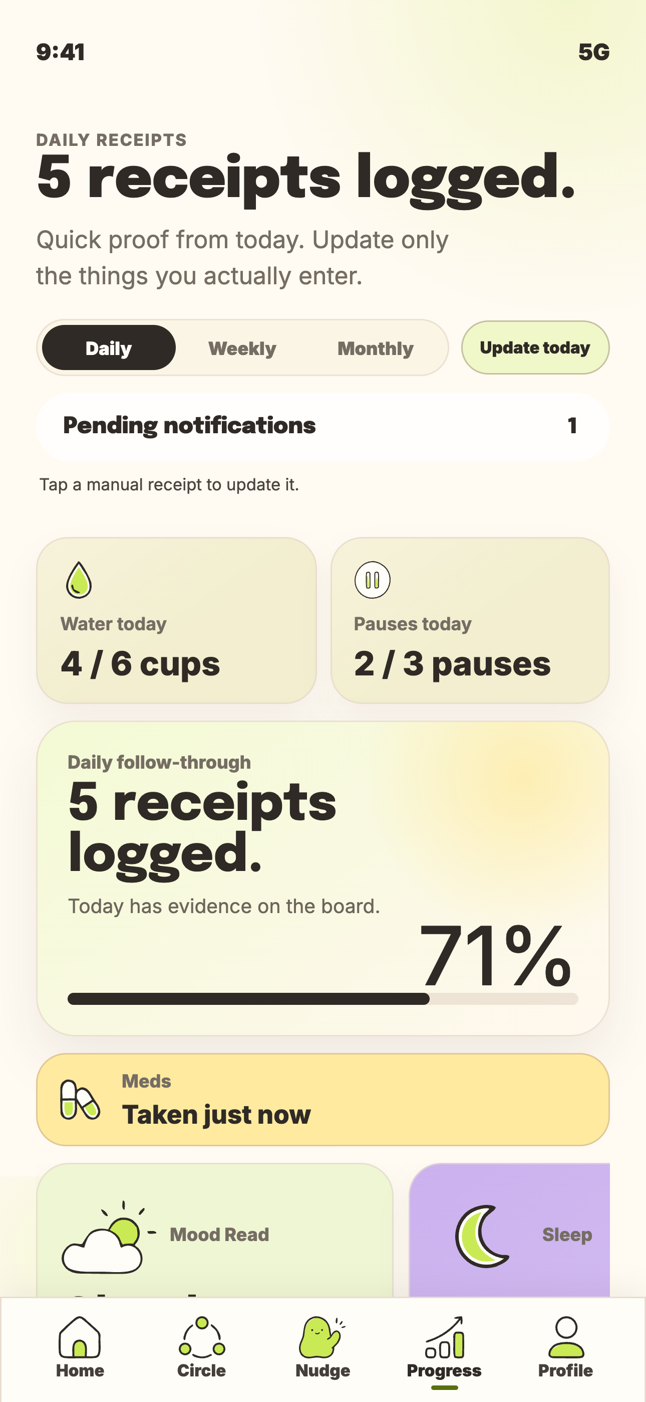 Nudge Society daily progress receipts screen